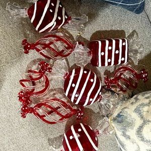 Lot of large plastic ornaments. Really cute! $10, red, white, and clear.